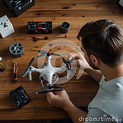 Man assembling drone using tools Stock Photo