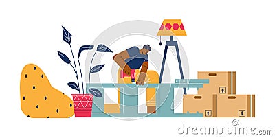 Man assembling furniture at home, flat vector illustration isolated on white background. Vector Illustration