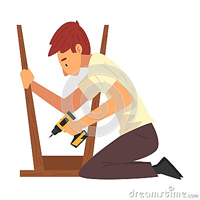 Man Assembling and Installing New Furniture, Male Worker Drilling Screw in Wooden Stool, Manual Furniture Assembly Vector Illustration