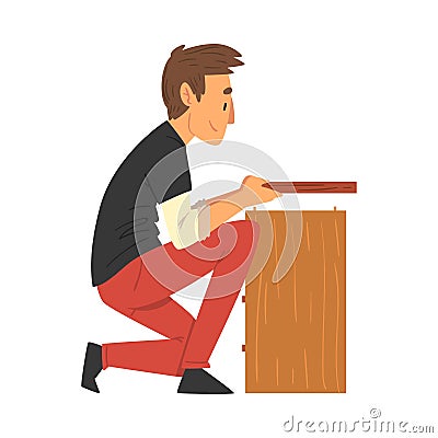 Man Assembling and Installing Wooden Nightstand, Manual Furniture Assembly Vector Illustration Vector Illustration