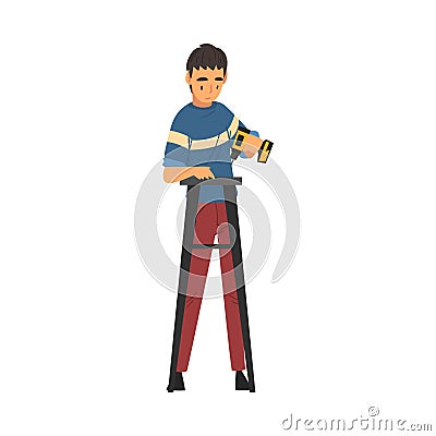 Man Assembling Wooden Stool with Drill, Manual Furniture Assembly Vector Illustration Vector Illustration