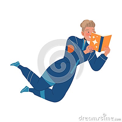 Man Astronaut Character in Space Flying in the Air Reading Book Vector Illustration Vector Illustration