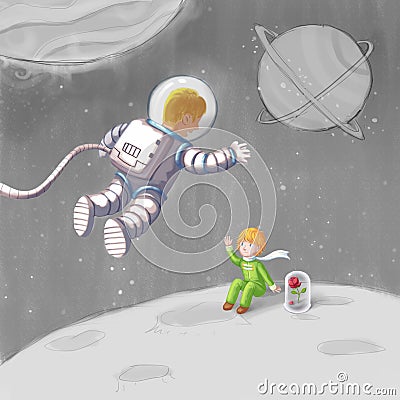 Man Astronaut and Little Princess. Meet Someone in the Travel Series Stock Photo