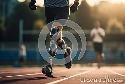 Man or athlete in prosthetics running in stadium. A sportsman with prosthetic legs takes part in a running competition Stock Photo