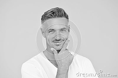 Man attractive well groomed facial hair. Barber and hairdresser. Preoccupied with own beauty. Man mature good looking Stock Photo