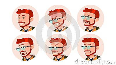 Man Avatar People Vector. Comic Emotions. Red Head, Ginger Flat Handsome Manager. Happy, Unhappy. Laugh, Angry. Cartoon Vector Illustration