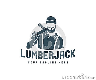 Man with an ax, lumberjack with a beard and mustache, in a knitted hat, logo design. Logger, woodsman, lumberman and hipster, vect Vector Illustration