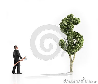 Man with an axe looking at a dollar shaped tree Stock Photo