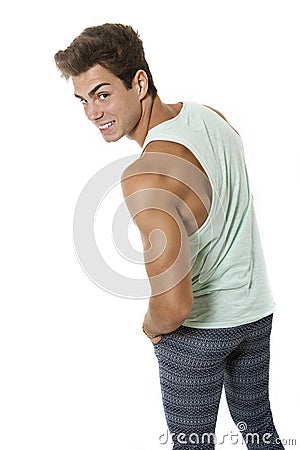 Man back/side looks with a special smile on white Stock Photo