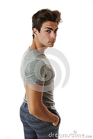 Man back/side looks suspiciously peering on white Stock Photo