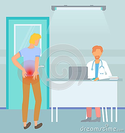 Man with backache makes appointment with doctor. Patient with pain in back at reception at hospital Vector Illustration