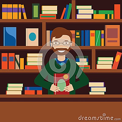 Man on background with bookcase. Librarian or bookstore seller Vector Illustration