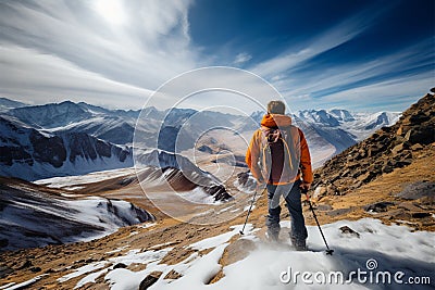 A man, backpack on, admires the vastness of a mountain landscape Stock Photo