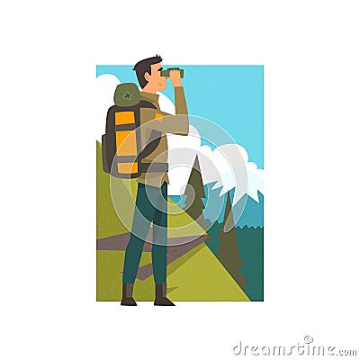 Man with Backpack and Binoculars in Summer Mountain Landscape, Outdoor Activity, Travel, Camping, Backpacking Trip or Vector Illustration