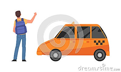 Man with backpack catching taxi cartoon vector illustration Vector Illustration