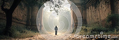 Man With Backpack Exploring Ancient Temple Gate Surrounded by Nature in a Tranquil Atmosphere Generative AI Stock Photo