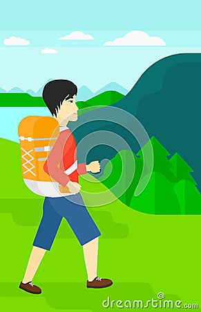 Man with backpack hiking. Vector Illustration