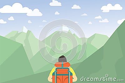 Man With Backpack Hiking. Mountain Landscape Vector Illustration