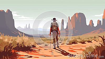 man backpack landscape walking desert footprint travel trek hike adventure journey. Generative AI. Stock Photo