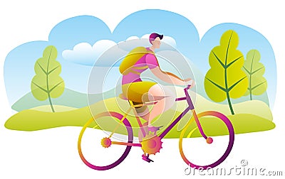 A man with a backpack rides a mountain bike on the background of the spring landscape. Vector Illustration