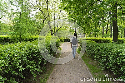 A man with a backpack walks in the park on the path in early spring. Recreation, walking, forest, vegetation Stock Photo