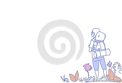 Man backpacker enjoy view guy traveler summer adventure vacation concept sketch doodle horizontal Vector Illustration