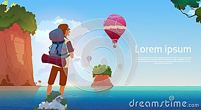 Man Backpacker Enjoy View In Mountains Lake Traveler On Summer Adventure Vacation Concept Vector Illustration