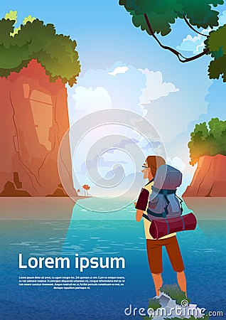 Man Backpacker Enjoy View In Mountains Lake Traveler On Summer Adventure Vacation Concept Vector Illustration