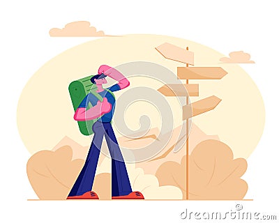 Man Backpacker Stand near Road Pointer Deciding what Way to Choose, Enjoying Nature View, Traveler Hiking on Adventure Vacation Vector Illustration