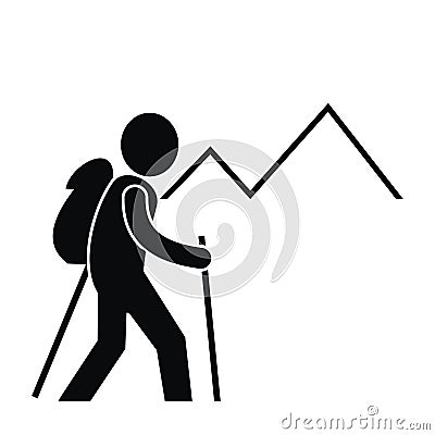 Man with bag ant walking canes, at background mountains, symbol, eps. Vector Illustration