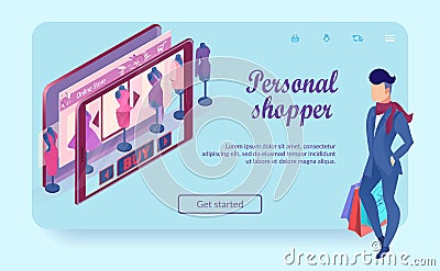 Man with Bags at Virtual Clothing Shop in Tablet. Vector Illustration