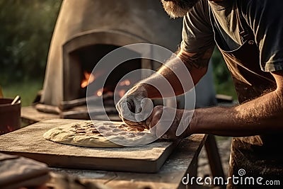 Man Baking Delicious Woodfired Artisanal Pizza Outdoors Closeup. Generative AI Stock Photo