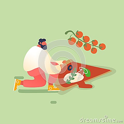 Man Baking and Eating Huge Pizza. Male Character Cut with Knife, Take Piece of Tasty Italian Food. Fast Food, Cafe Vector Illustration