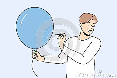Man with balloon holds needle, wanting to make loud explosion to cheer people around Vector Illustration