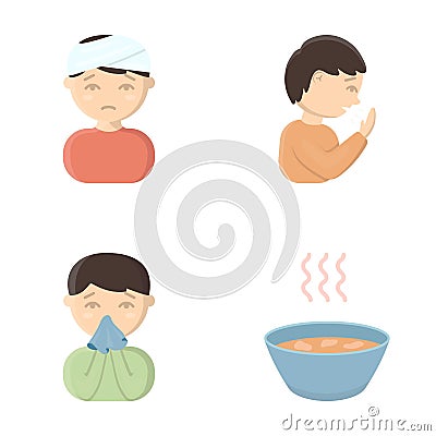 A man with a bandaged head, a man coughing, a man snorts a snot, a bowl, a bowl of hot broth into a handkerchief. Sick Vector Illustration