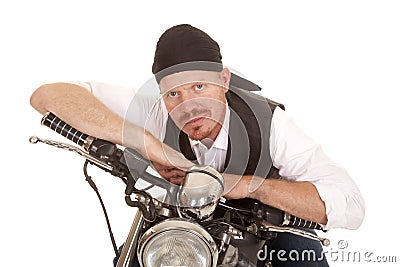 Man bandana motorcycle arms on handlebars Stock Photo