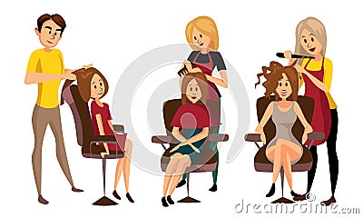 Man Barber and Woman Hairdresser Cutting and Doing Hair Vector Illustration Set Vector Illustration
