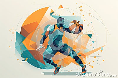 Man basketball player with a ball in his hands plays basketball, geometric illustration. Generative AI Cartoon Illustration