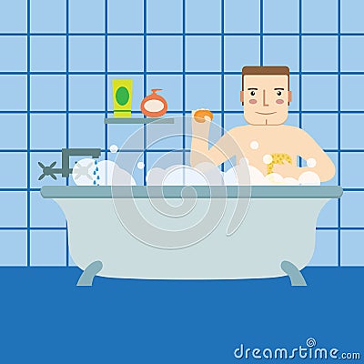 A man in the bath.Flat icon. Vector Illustration