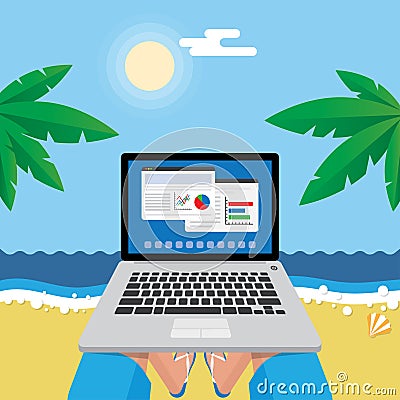 Man on the beach with laptop Vector Illustration