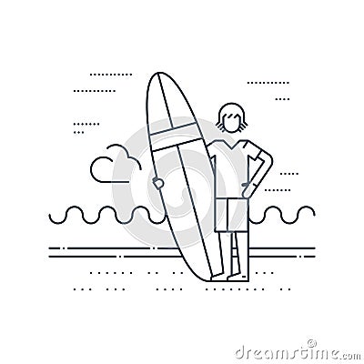 Man on the beach with surf board standing Vector Illustration