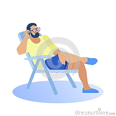 Man in Beachwear Sits on Chair Talking on Phone. Vector Illustration