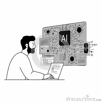Artificial intelligence researchers watch algorithms explore the future of machine intelligence. Cartoon Illustration