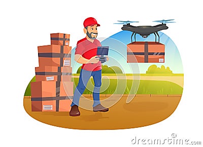Man with beard controls drone delivery with wireless remote. Concept male employee character distributing boxes using Vector Illustration