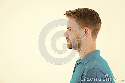 Man with beard on unshaven face in profile. Bearded man in blue tshirt. Fashion model with stylish hair isolated on Stock Photo