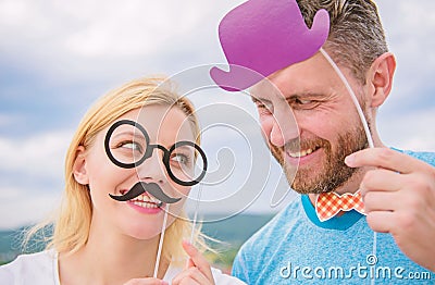 Man with beard and woman having fun party. Add some fun. Making funny photos birthday party. Just for fun. Humor and Stock Photo