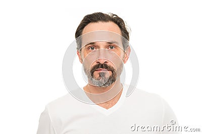 Man bearded guy with mustache white background. Facial hair grooming guide. Hipster handsome bearded attractive guy Stock Photo