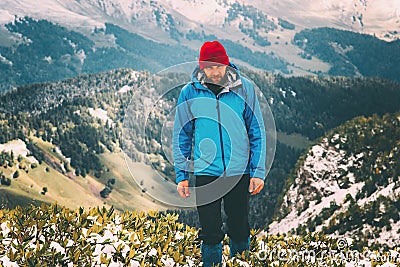 Man bearded hiking alone Travel Lifestyle Stock Photo