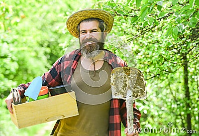 Man bearded hipster collecting harvest. Ranch man. Organic farm. Gardener hold box with gardening tool. Gardening advice Stock Photo