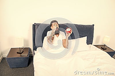 Man bearded hipster hate wake up early. Destructive energy. Hardest moment of day. It is totally normal to hate your Stock Photo